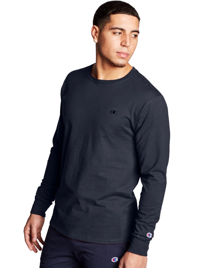 Champion Classic Jersey Long-Sleeve C Logo Navy T-Shirt Mens - South Africa VKMODF934
